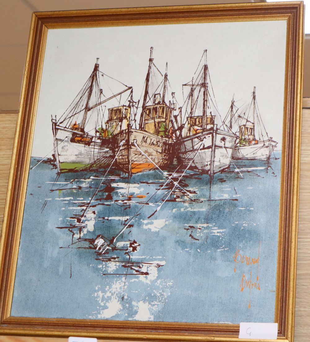 Bernard Dufour (1922-2016), oil on canvas, Fishing boats in harbour, signed, 45 x 37cm
